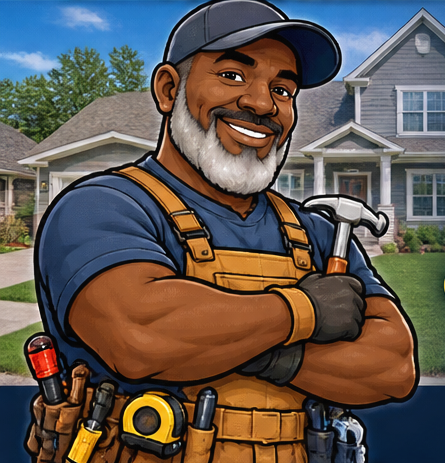 Friendly illustrated handyman with dark skin and gray beard holding a hammer